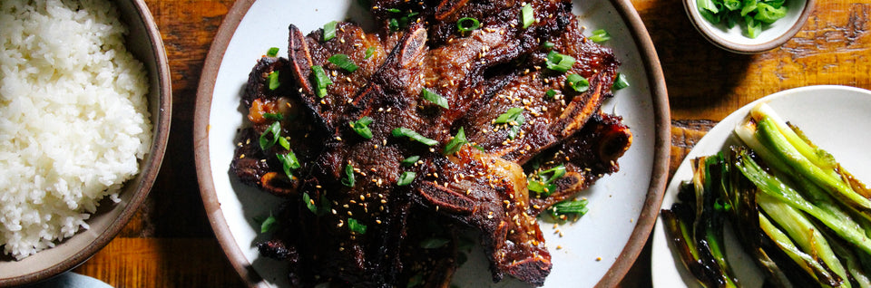 Korean BBQ Short Ribs with rice, bok choy, and kimchi